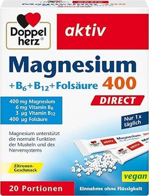 Doppelherz Magnesium 400 + B6 + B12 + Folsäure DIRECT - 20 vegane Portionen