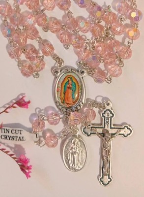 Beautiful pink rosary 6mm beads with relic medal from Garabandal