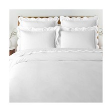 Scalloped Trim Duvet Cover  Shams 100 Cotton Sateen 400 Thread Count Cal-K...