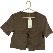 Zara Home Womens Blouse S Small Brown Linen Blend Bow Short Sleeve 4114/579 NWT