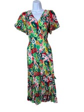 Zapara Floral Midi Dress Short Sleeves V-Neck Size 12 Green red Boho Pockets