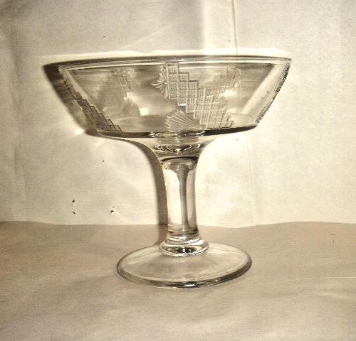 ANTIQUE EAPG CLEAR GLASS COMPOTE ART DECO EMBOSSED DIAGONAL STEPS & FANS 2 SEAMS - Picture 1 of 14
