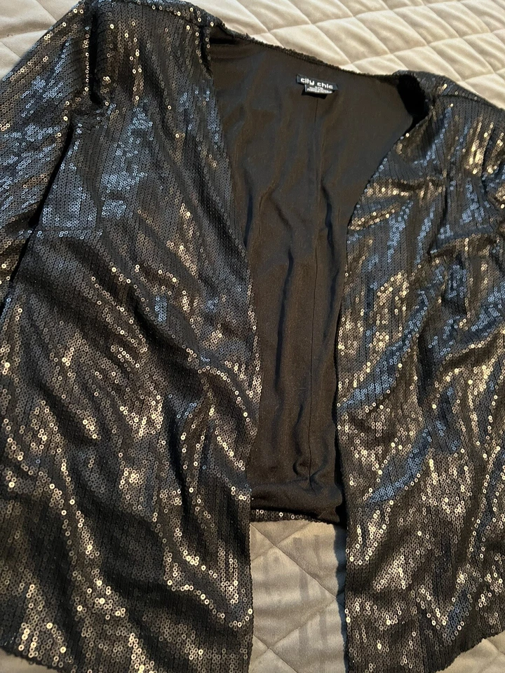 Chaqueta Blazer City Chic Mujer Talla S 16 Negra Metálica Frente Abierto Fiesta Usada en Excelente Condición Foto 3 de 4