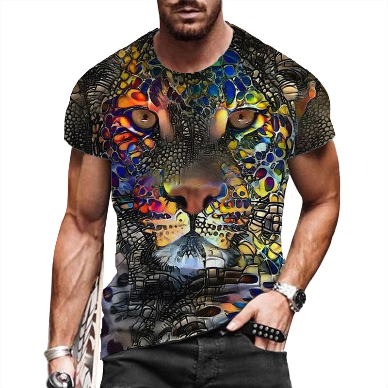 T Shirt Men Short Sleeve Colorful Tiger Face Fashion Graphic Silky Soft T-Shirts