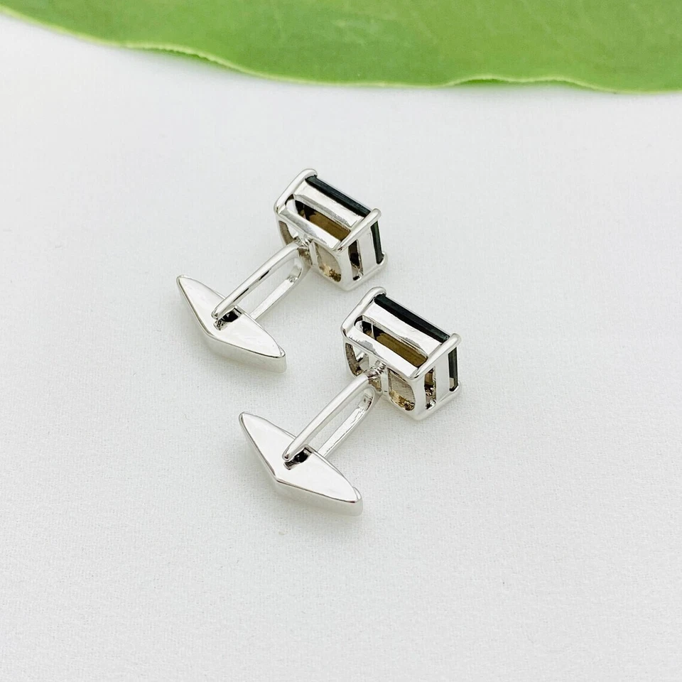 Gemelos de plata de ley 925 con piedras preciosas de topacio ahumado natural para regalo de cumpleaños para hombre Foto 4 de 4