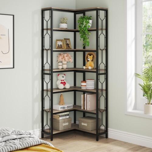 TRIBESIGNS WAY TO ORIGIN Corner Etagere Bookcase 79 " Tall Gray Wood 7-Shelf - Picture 6 of 9
