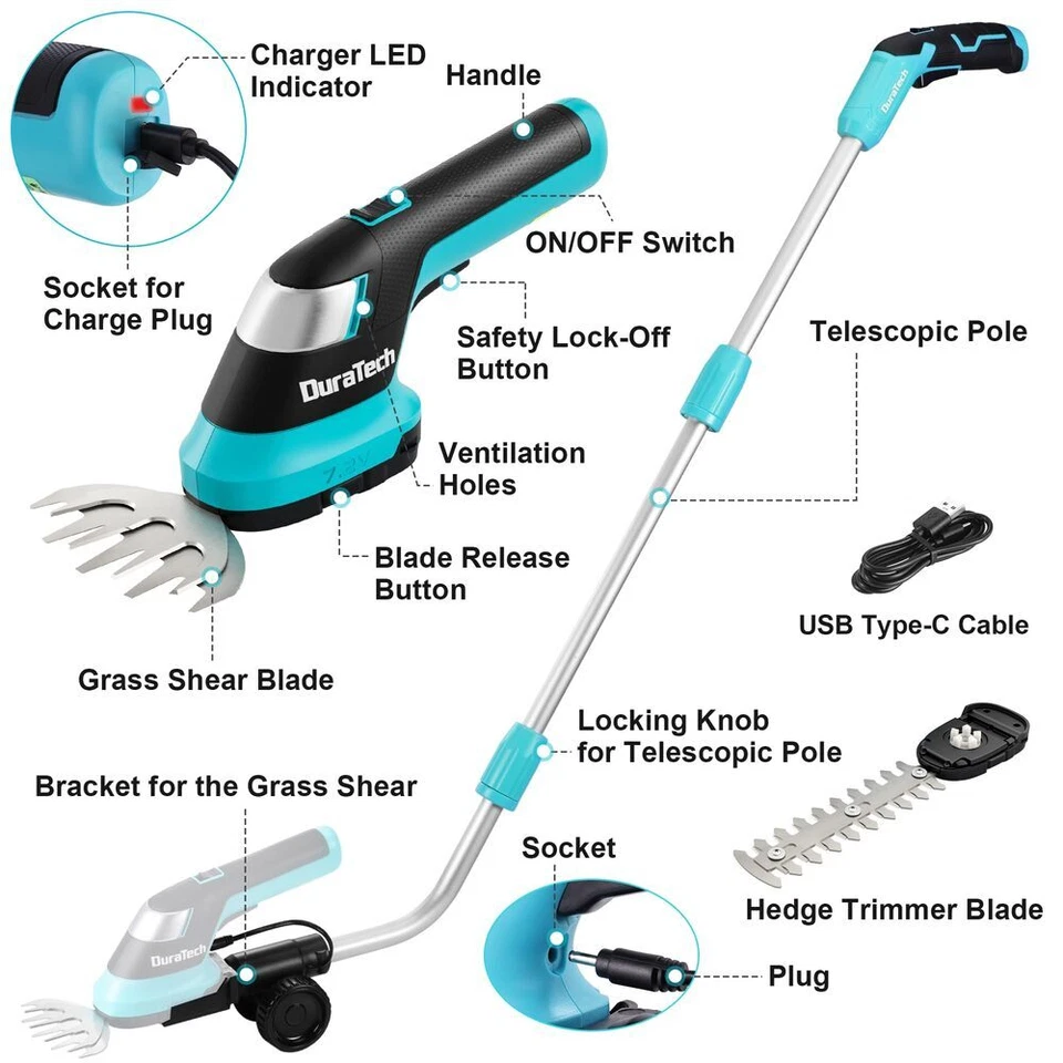 Cortadora de césped eléctrica portátil DURATECH 7,2 V 3 en 1 y tijeras de setos para jardín Foto 2 de 4