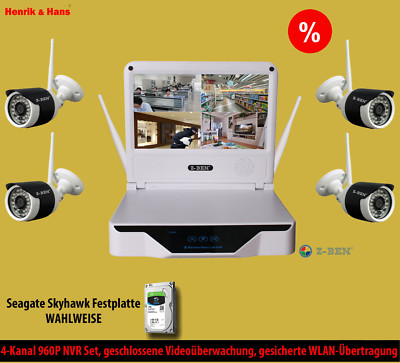 Kabellos Videoüberwachung Set NVR 4x 960P Überwachungskamera Monitor