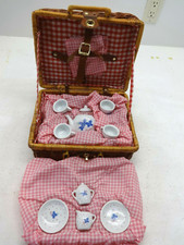 Vintage Barbie Mattel Porcelain Childs Tea Set Wicker Picnic Basket