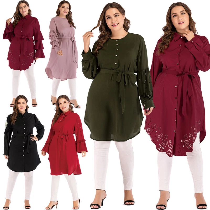 Ladies Women Muslim Long Sleeve Blouse Shirt Islamic Plus Size Tops Dress  Tunic