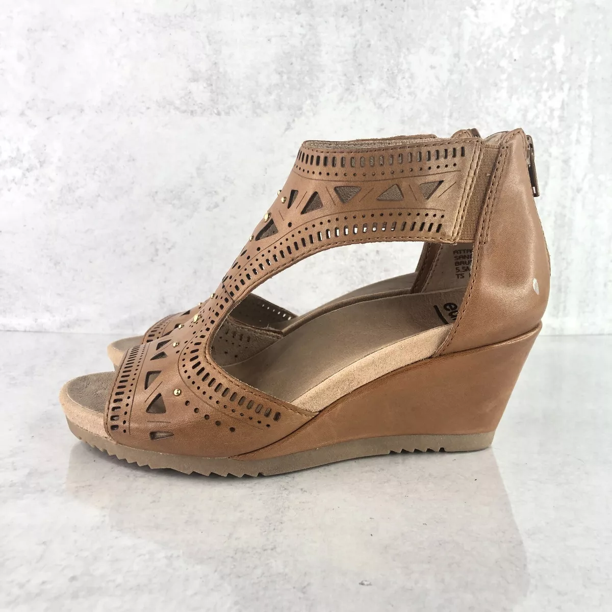 Earth Attalea Barbuda Women s 5.5 M Shoes Brown Cut Out Leather Wedge Sandals