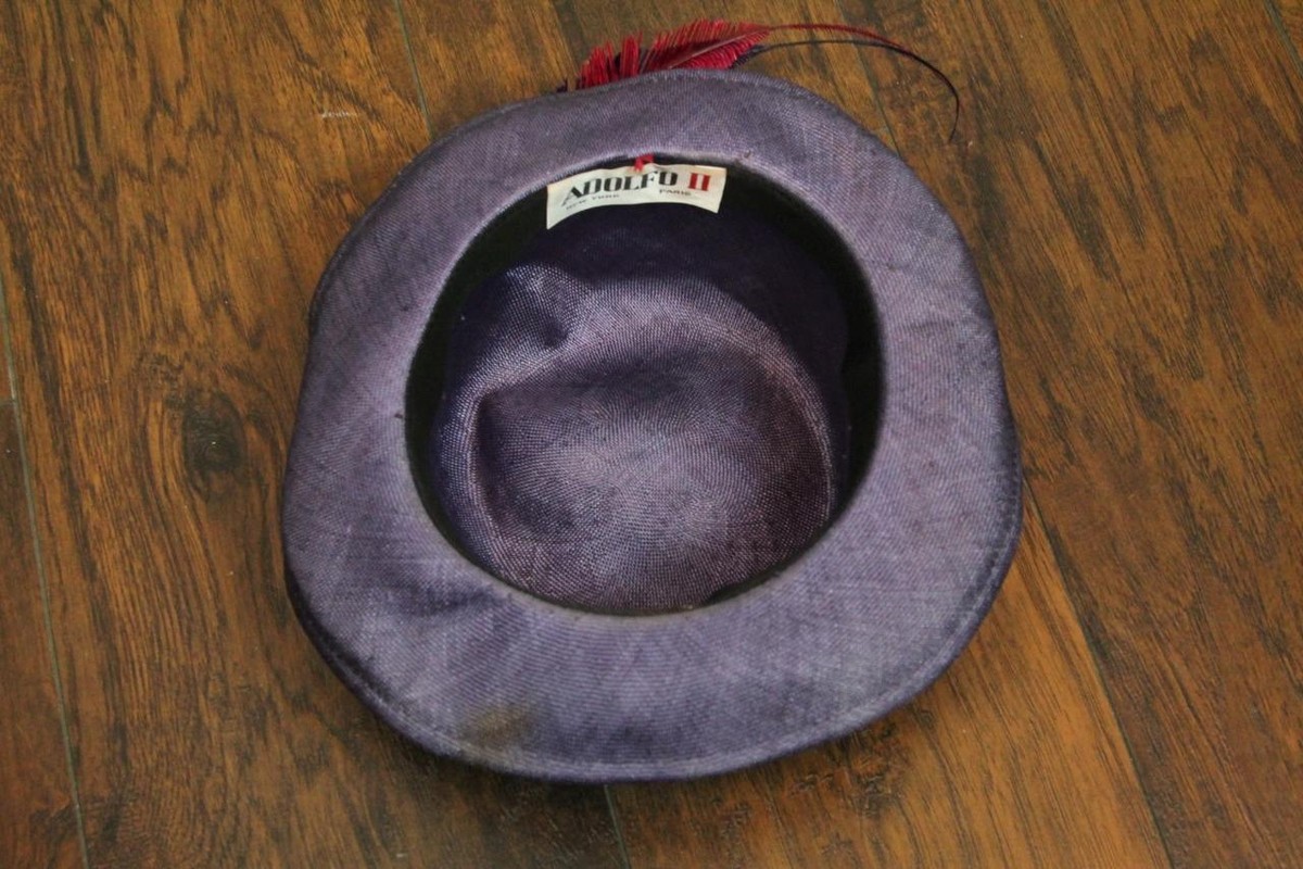 Adolfo Feather Plume Cloche Hat Couture Vintage Glam Millinery Style Vtg ADOLFO II NY Paris Purple Woven Millinery Church Cloche  main image 3