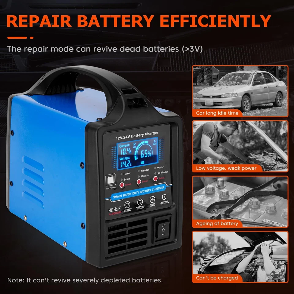 12V 24V Car Battery Charger Heavy Duty, 0-15A Automatic Battery Maintainer - Image 3 of 4
