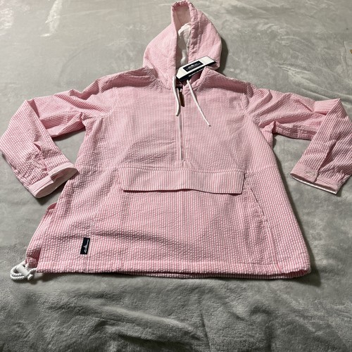 NEW Charles River Seer Sucker Pullover Hoodie M Pink white 1/4 Zip Front Pouch - Picture 3 of 15