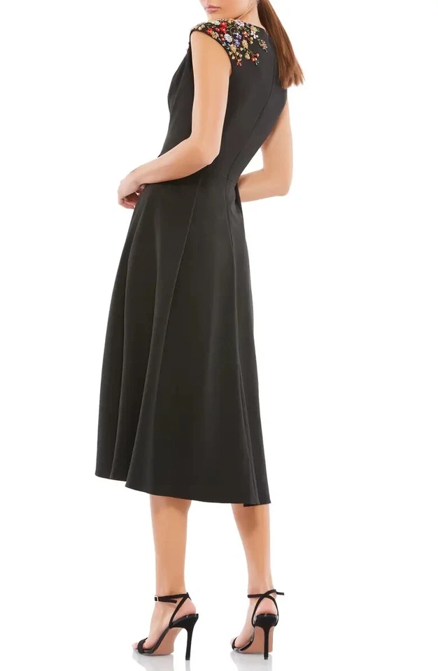 Ieena Mac Duggal Black Plunge Neck Beaded Shoulder Midi Dress Size 6 $498 - Image 2 of 3