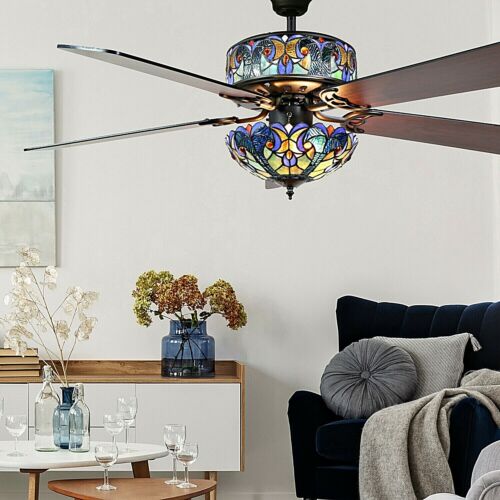 Blue Stained Glass Ceiling Fan Tiffany Style Lamp Light, 5-Blade w/Pull Chain - Picture 3 of 12