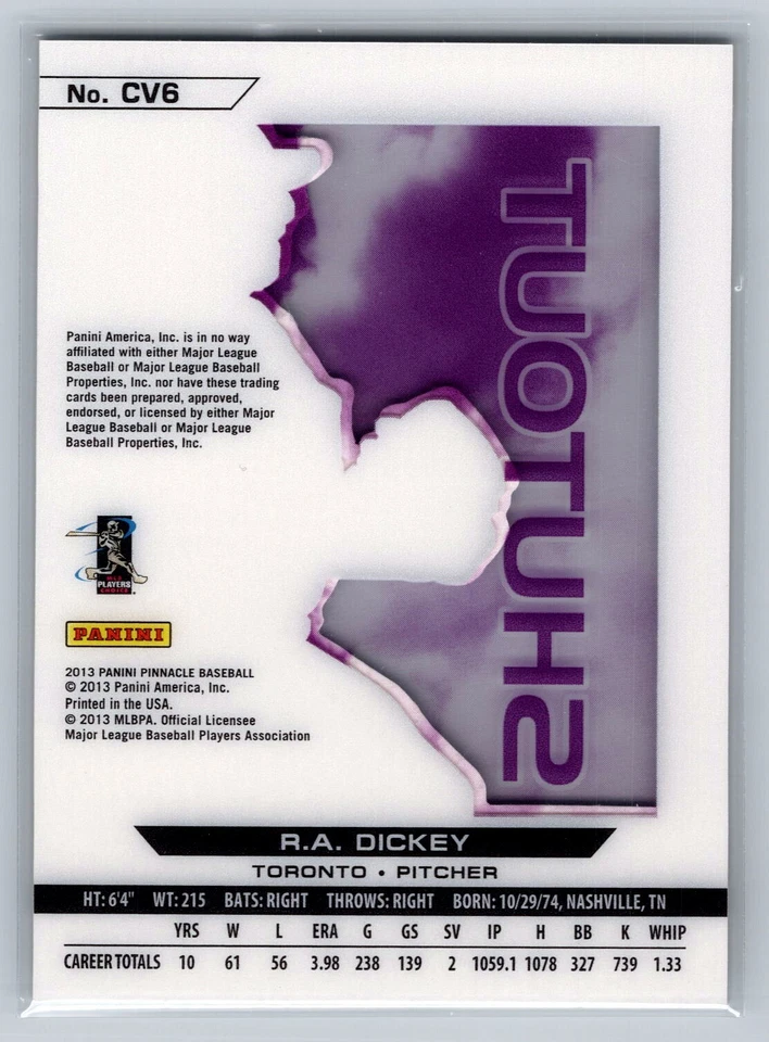 2013 Pinnacle #CV6 R.A. Dickey Clear Vision Pitching Shutout - Image 2 of 2