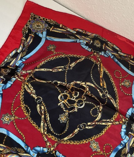 Silky Square Scarf Purse Fob Blue Red Gold Red Filigree Medallion Print 19”x19”