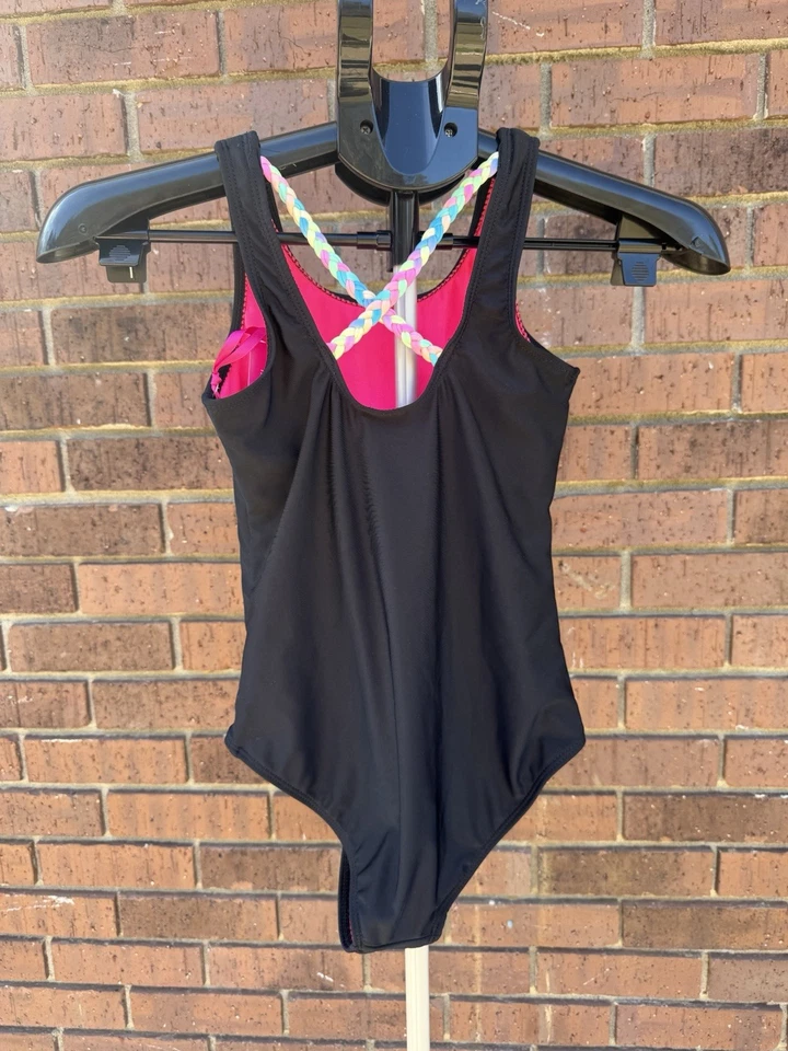 Justice Girls Swimsuit One-Piece Black Ring Pop Logo Cross Strap Size Medium 10 - Image 4 of 4