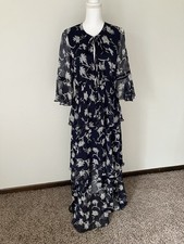 Lucy Paris Navy Daisy Print Tiered Maxi Dress Size US M Romantic Boho 