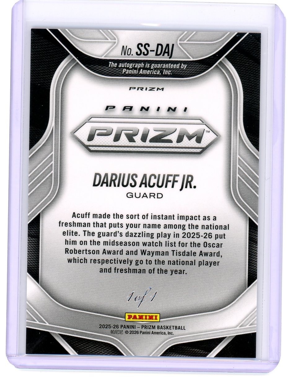 2025-26 Prizm FOTL Black Shimmer 1/1 Darius Acuff Jr AUTO Sensational Signatures view 2