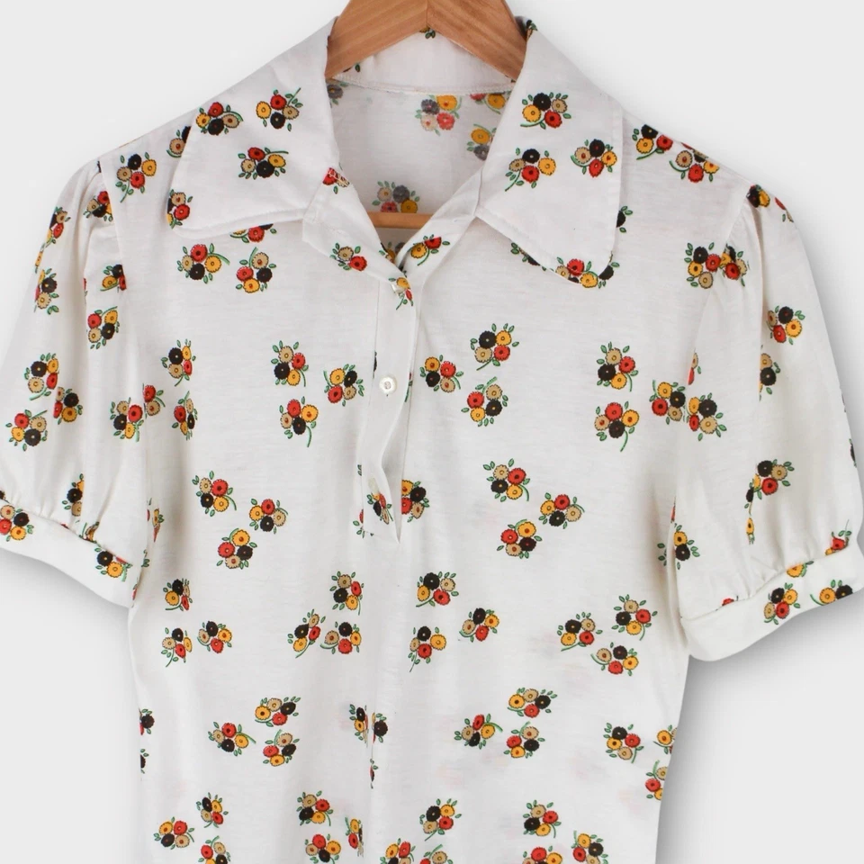Blusa vintage años 70 floral manga abullonada para mujer S blanca estampado de flores cuello discoteca Foto 2 de 4