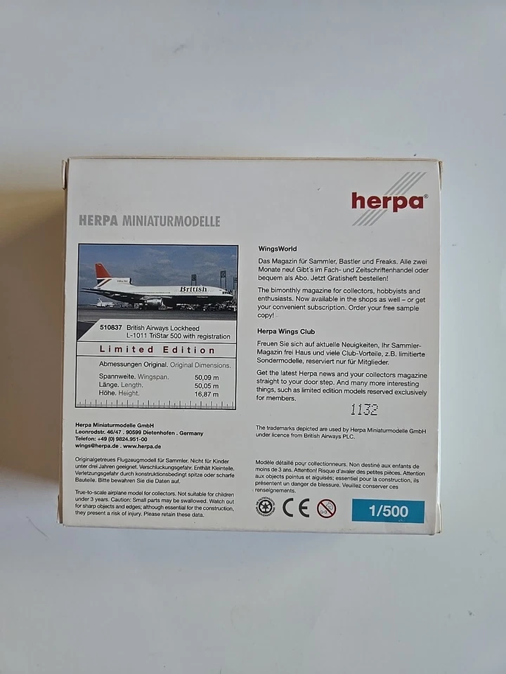 Herpa British Airways Lockheed L-1011 TriStar 500 Modelo - 1:500 - 510837 Foto 2 de 2