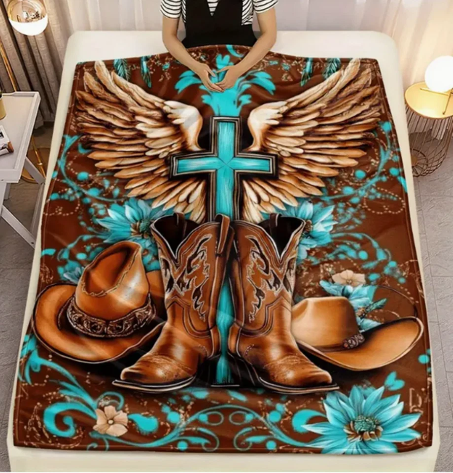 Manta de franela con estampado de cruz y alas de ángel vaquero occidental - Manta de lana Foto 3 de 4