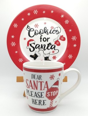 SCM Home Dear Santa Please Stop Here Christmas Mug Plate Red White Stoneware
