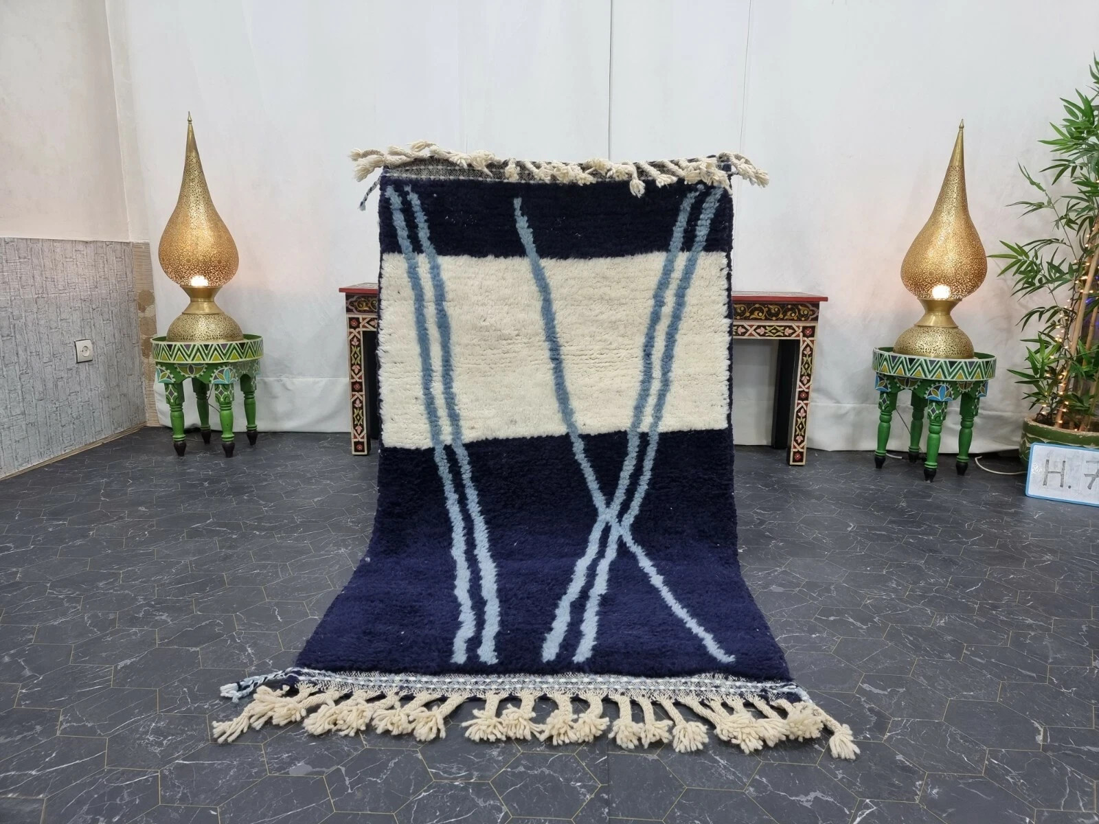 Moroccan Berber Beni Ourain Wool Rug Color Blue White Handmade Design Carpet Rug