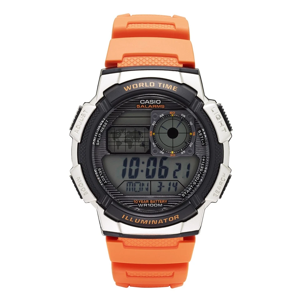 Reloj Casio Hombre Cuarzo Hora Mundial Iluminador Cinco Alarmas 45mm AE1000W-4BV