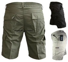 Mens PREMIUM Elasticated Waist Cargo Combat Plain Shorts Pants Bottom Half Pant