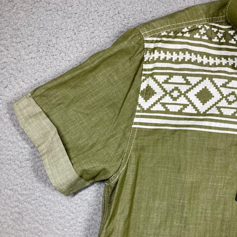 Bench Urbanwear Shirt Men's Medium Olive Green Aztec Button Up Short Sleeve - Image 3 of 4