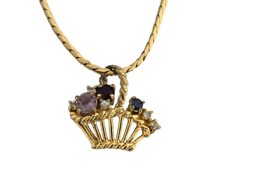 Vintage Gold Tone Chain Necklace w/ Rhinestone Flower Basket Pendant - Picture 4 of 7