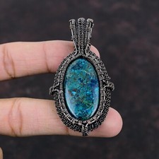 African Chrysocolla Wire Wrapped Pendant Handcrafted Copper Unique Jewelry 2.76"