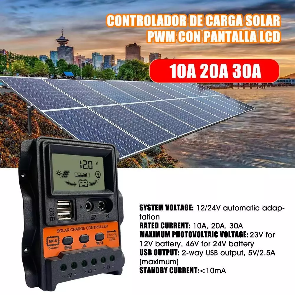 30A 20A 10A Solar Panel Controller 12V/24V Battery Charge