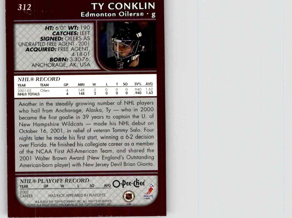 2002-03 O-Pee-Chee Ty Conklin #312 - Image 2 of 2