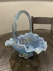 Vtg Fenton Basket Blue Iridescent Opalescent Fan Scalloped Glass Crimped 9.5"
