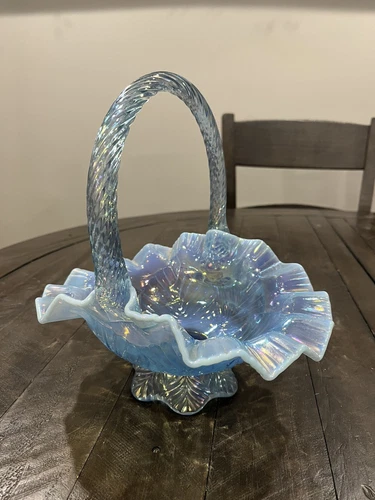 Vtg Fenton Basket Blue Iridescent Opalescent Fan Scalloped Glass Crimped 9.5"