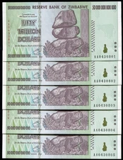 5 CONSECUTIVE 2008 50 TRILLION DOLLARS ZIMBABWE, AA P-90 UNC