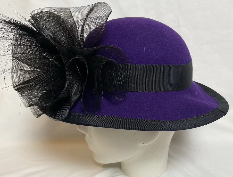 Vintage 60s Bollman Wool Hat OS Women’s Purple Felt Mesh Feather Accent Formal - Image 3 of 4