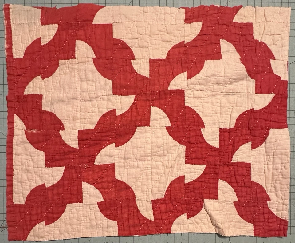 Vintage Cutter Quilt Piece Drunkards Path 16” x 20” Red And Beige #4 - Image 2 of 4