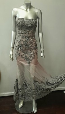 SUE WONG NOCTURNE Y2K TAUPE HEAVILY BEADED SEMI SHEER MESH MERMAID DRESS  PARTY 4 | eBay