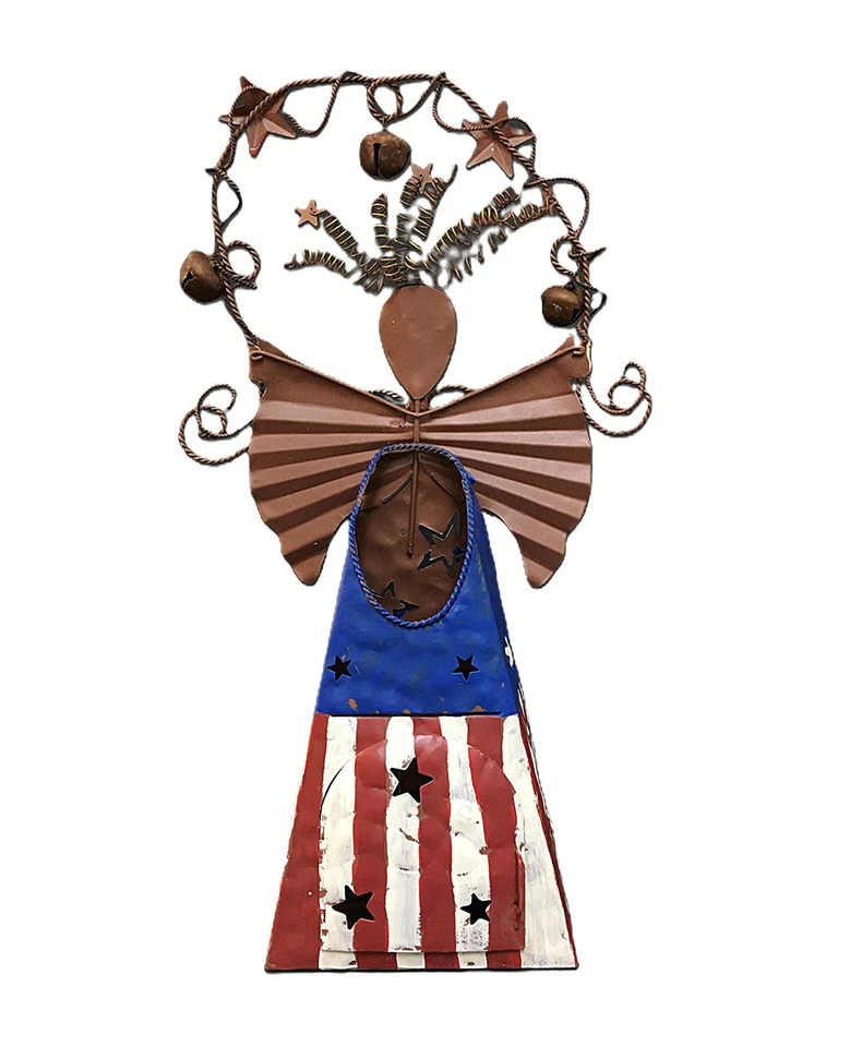 Tealight Angel de metal patriótico rústico para interiores del hogar 14 pulgadas vintage Foto 4 de 4