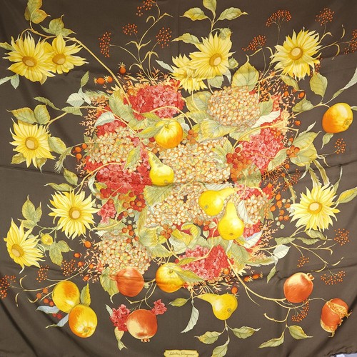 Salvatore Ferragamo Silk Scarf Floral Fruit Print Italy Luxury Old Money - Picture 2 of 3