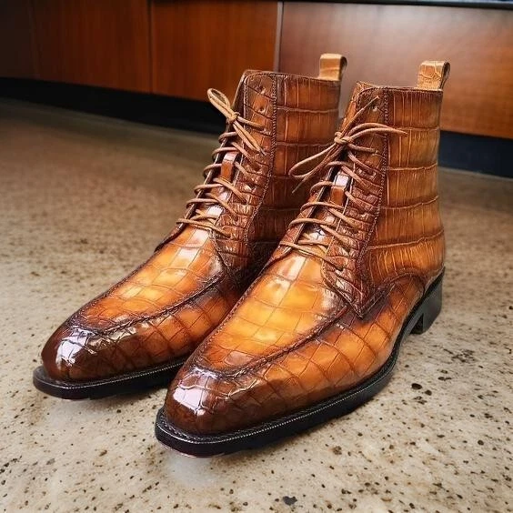 New Handmade Tan Croc Text Leather Lace Up Bikers Dress Ankle Boots For Men - Image 2 of 4