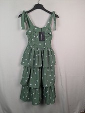 sage green polka dot cup detail tie strap tiered midi dress size 6 PLT New