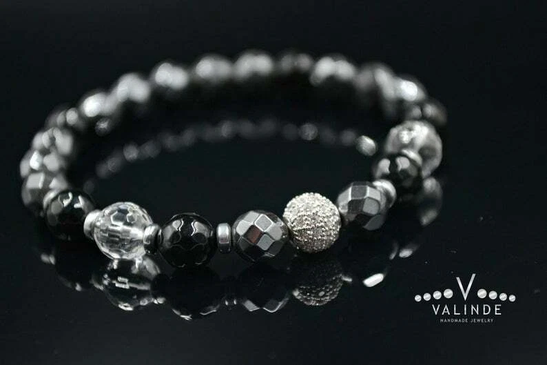 Herren Armband Edelstein Bracelet Quarz Achat Hämatit Zirkonia Geschenk für Mann - Bild 3 von 4