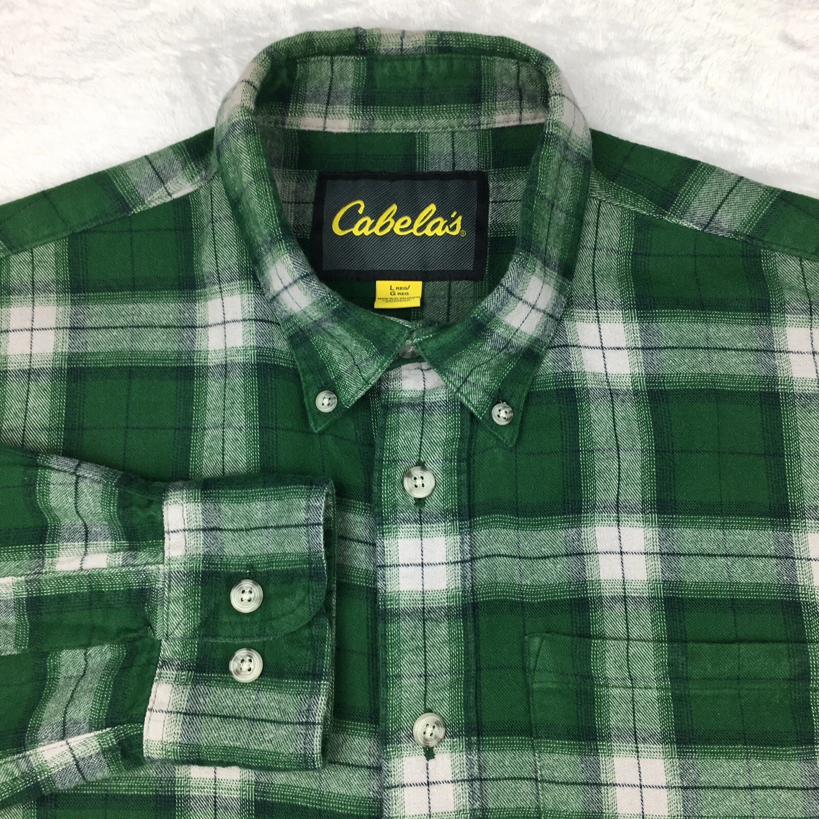 Cabelas Flannel Shirt Mens Large Green Plaid Long Sleeves