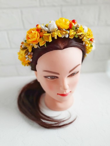 Ukrainian Yellow Wreath Flower Hoop without ribbons Headdress Head Crown Vinok - Picture 6 of 10